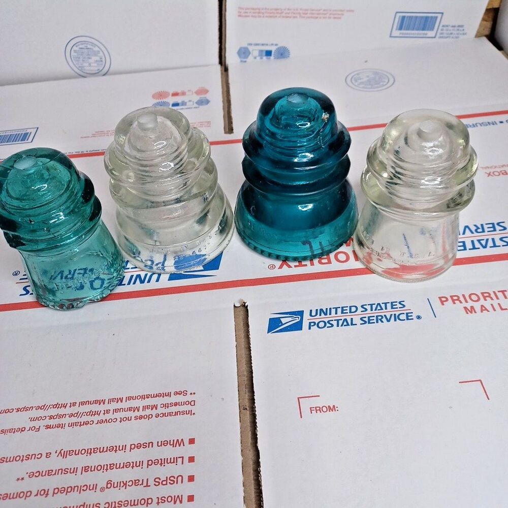 4 Vintage Hemingray 16 45 42 Glass Insulators 4pc Predrilled DIY Industrial Chic